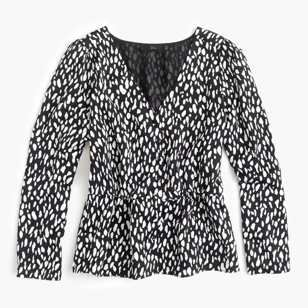 J. Crew Peplum Waist Satin Crepe Blouse Top Black White Print Size 2